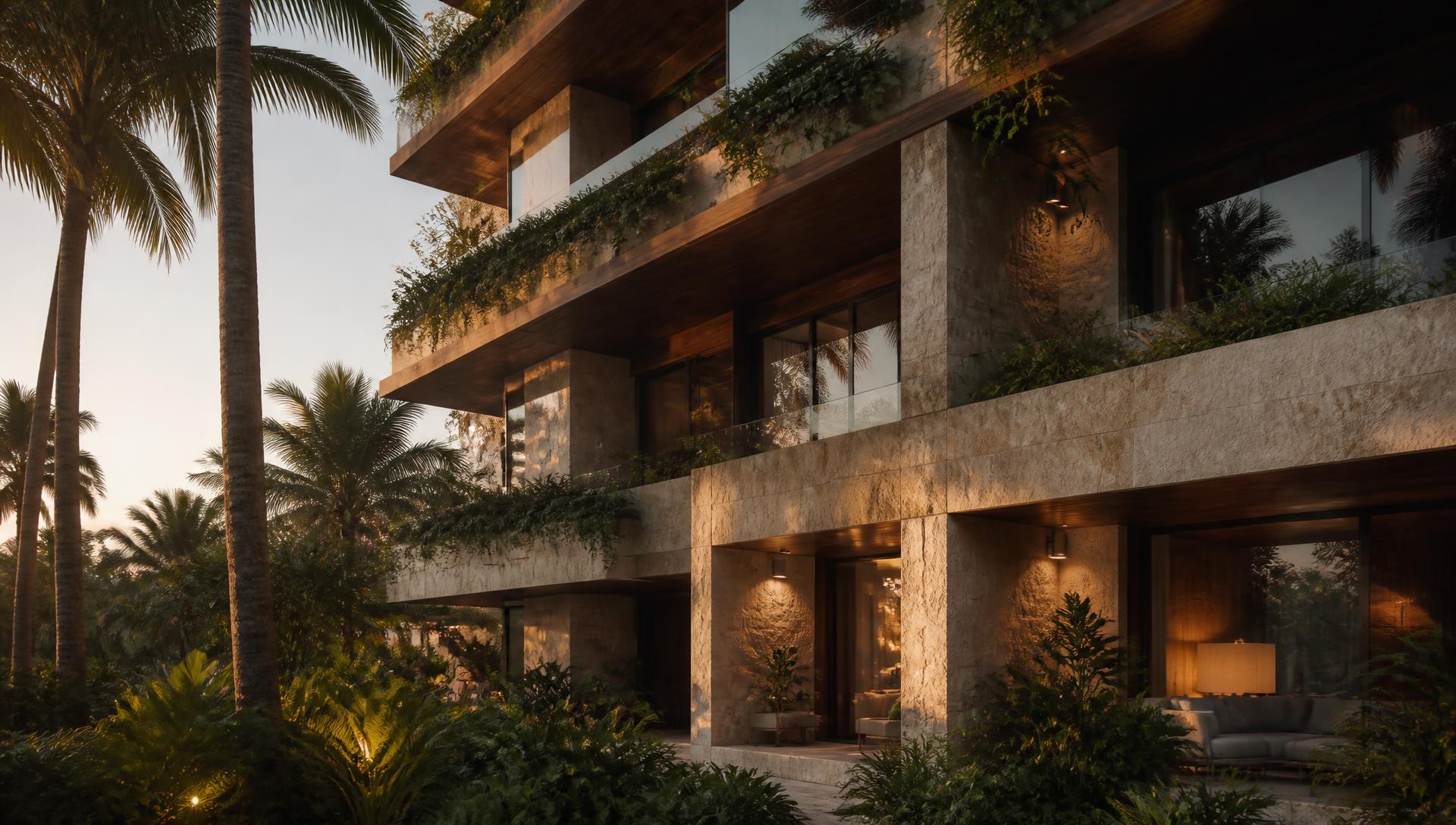 Imagen conceptual: fachada de la torre entre vegetación tropical al atardecer
