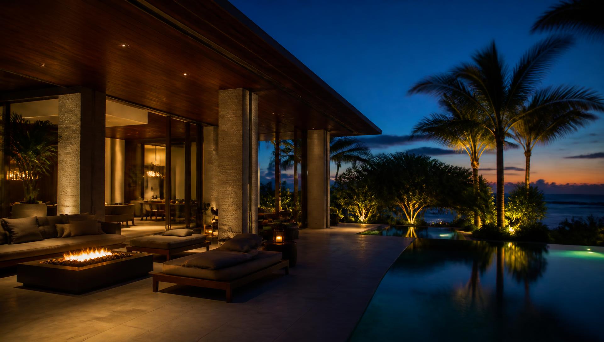 Arquitectura iluminada en hora azul rodeada de vegetación tropical