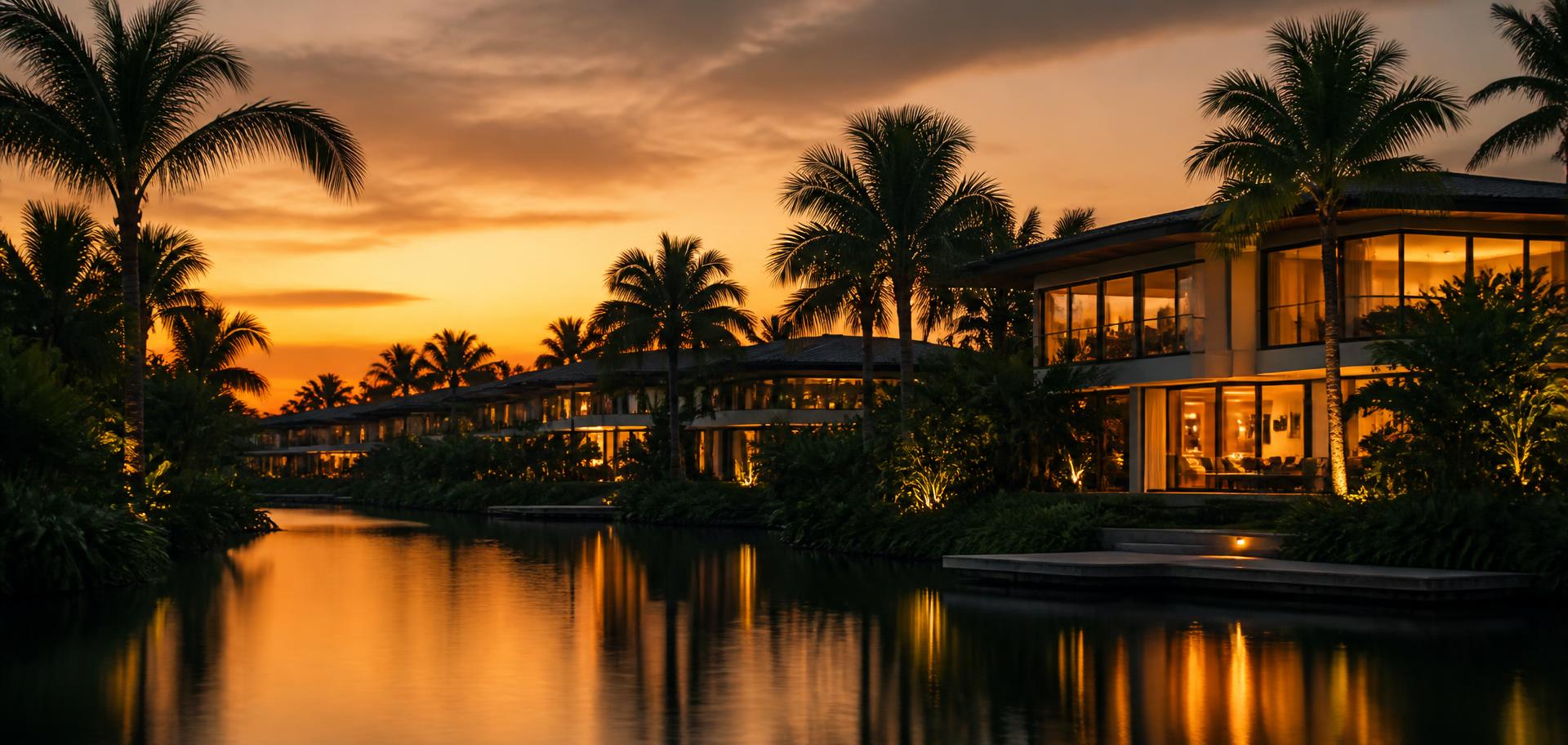 Comunidad residencial tropical al anochecer con luz cálida