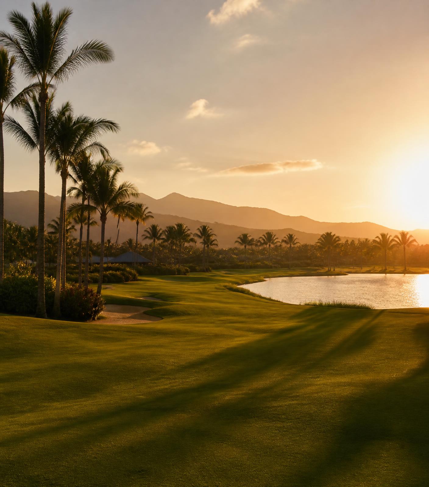 Campo de golf El Tigre al atardecer, integrado al entorno de Virēo