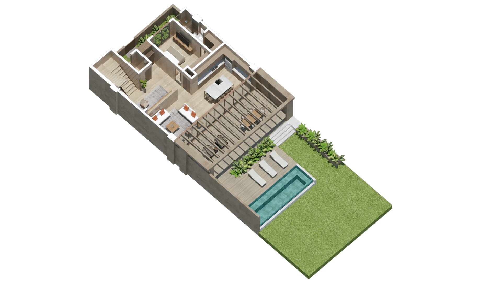 Villa 1: axonométrico de planta baja