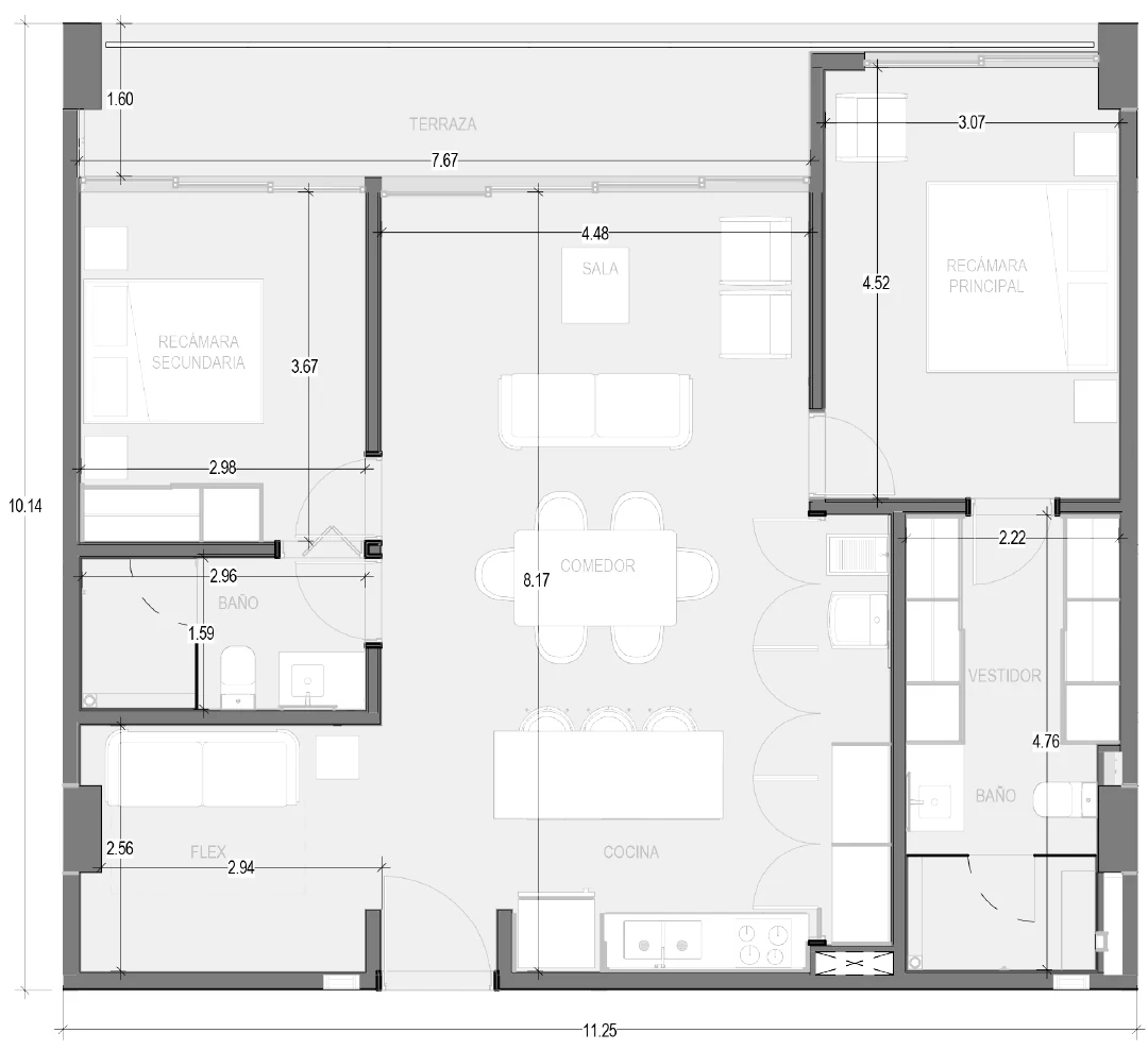 Plano de Condo A302: dos recámaras, Flex, dos baños y terraza