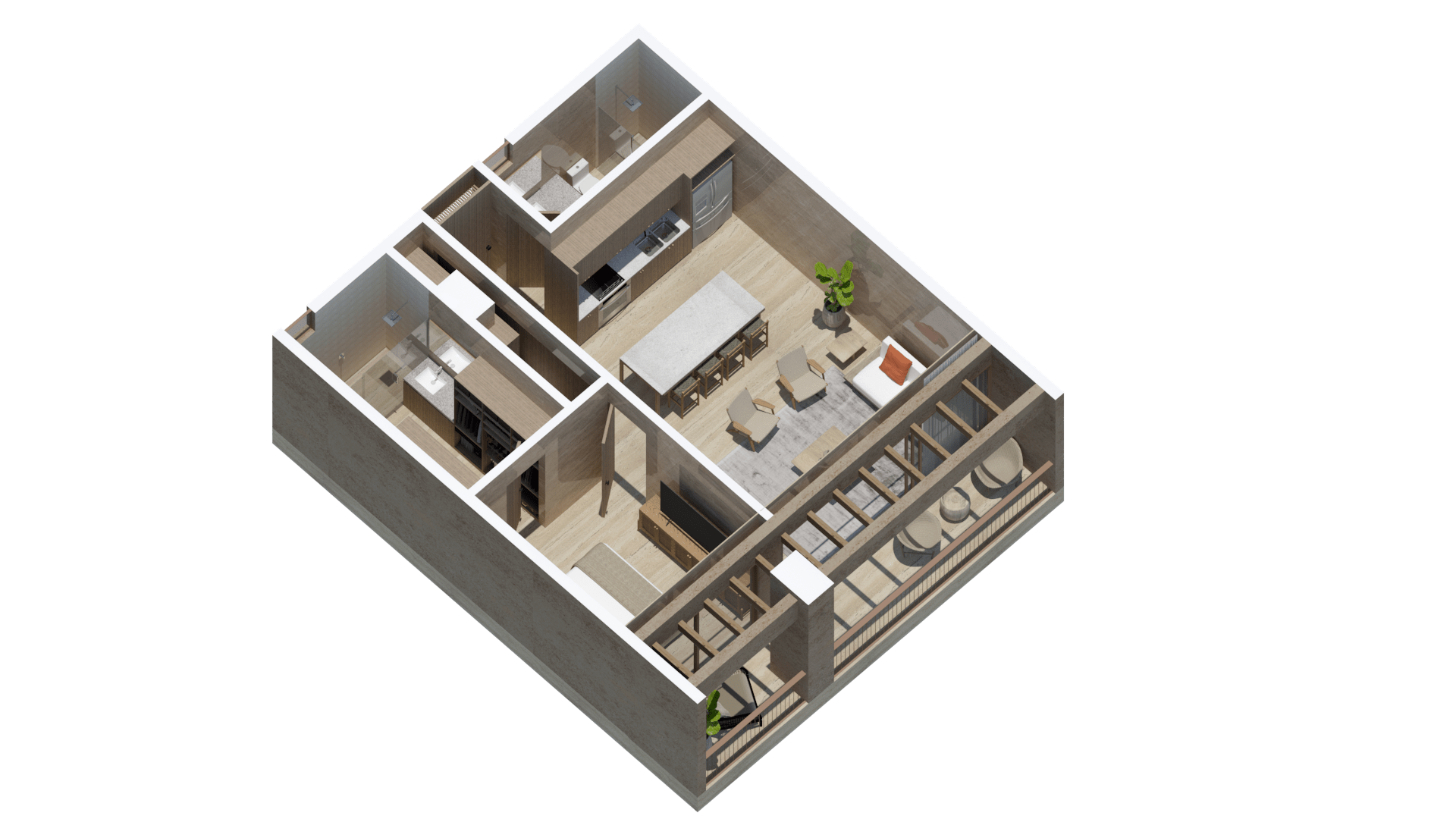 Vista axonométrica 3D de la distribución de Condo 204
