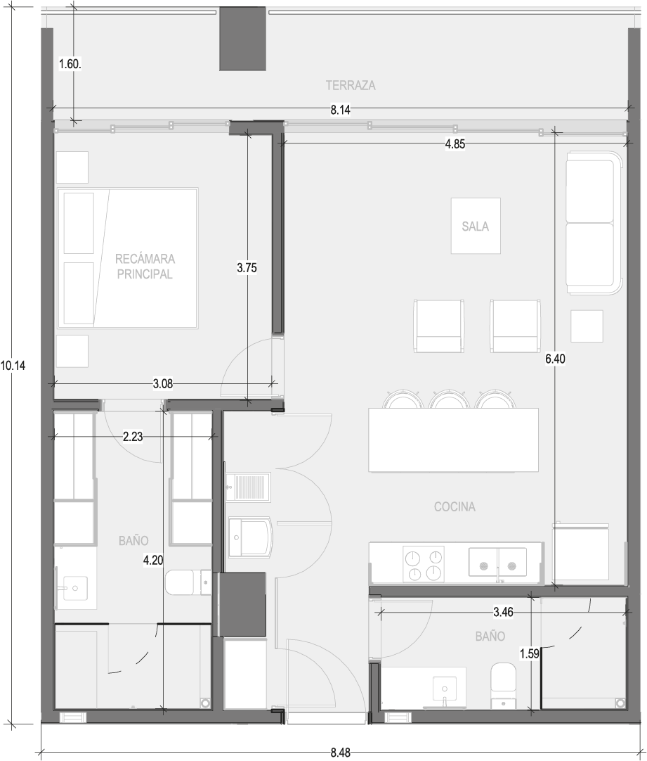 Plano arquitectónico de Condo 204 con recámara principal, sala, cocina y terraza
